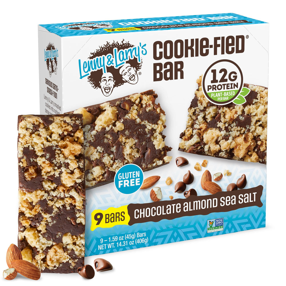 Lenny & Larry's Cookie-Fied Bar Chocolate Almond Sea Salt box shows a gluten-free vegan snack option
