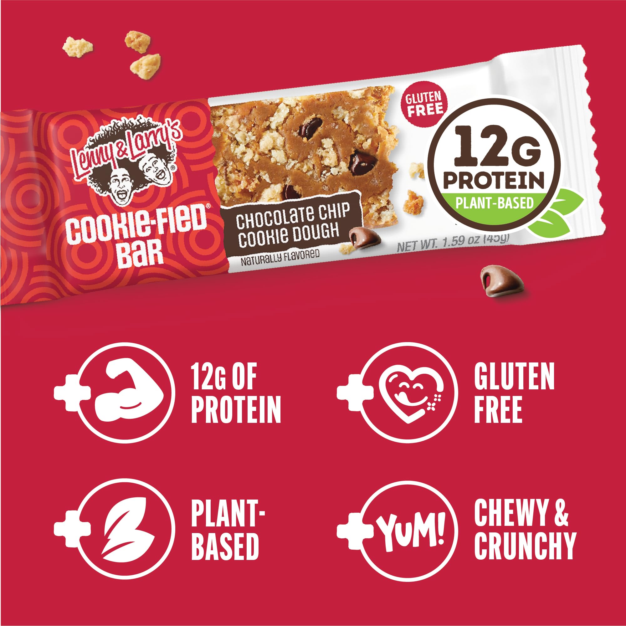 Lenny & Larry's Cookie-fied Bar shows 12g plant protein per bar for a substantial snack.