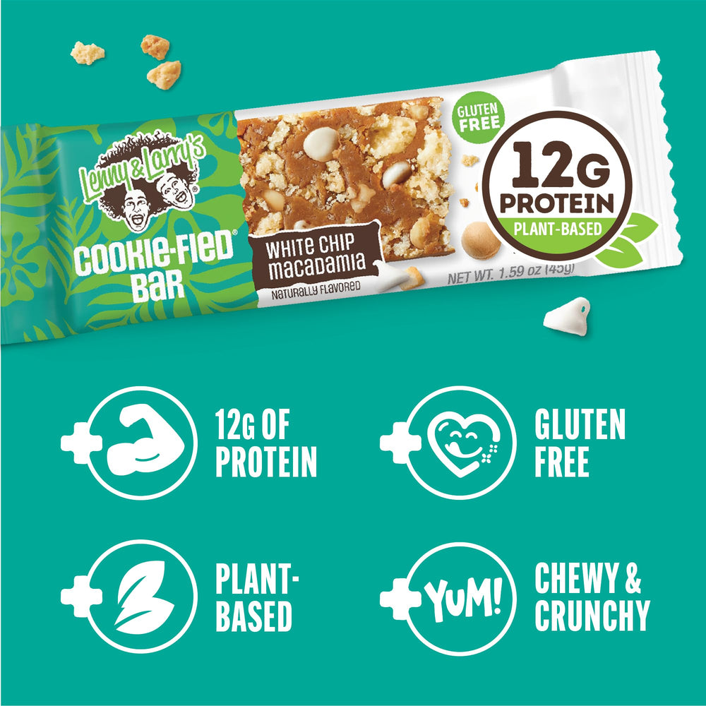 Lenny & Larry's Cookie-fied White Chip Macadamia macro shot emphasizes vegan and gluten-free appeal