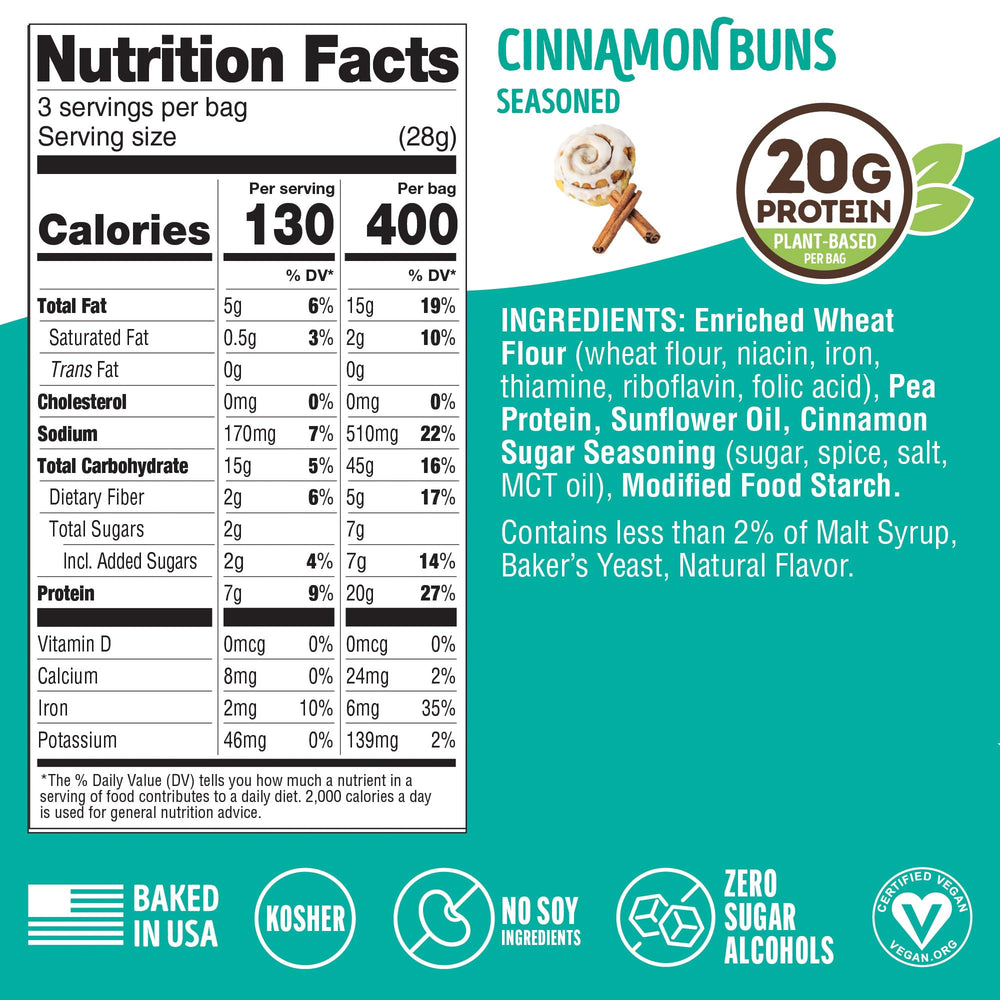 Lenny & Larry’s FITZELS Cinnamon Buns bag open reveals crunchy pretzel bites.