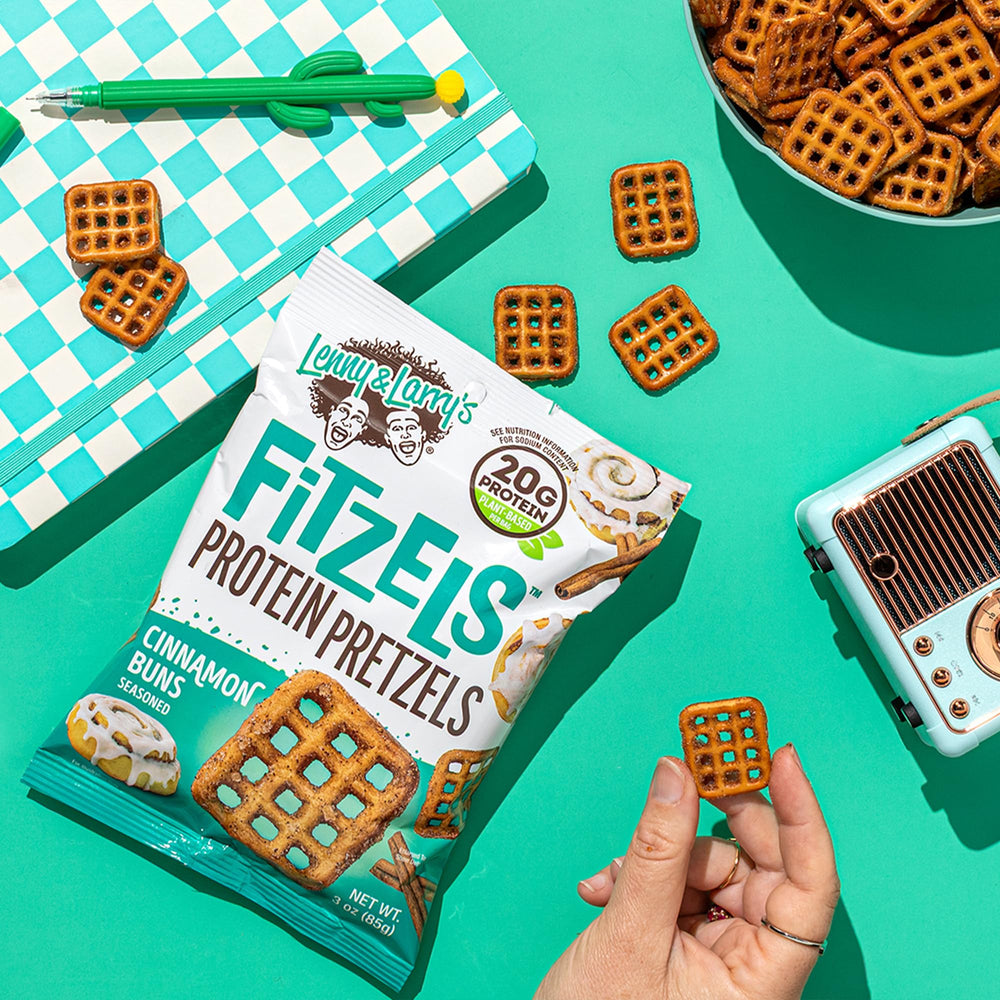 Morning routine with FITZELS Cinnamon Buns as a savory-sweet protein snack.