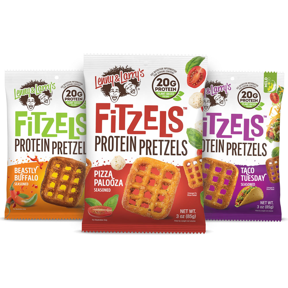 Lenny & Larry's FITZELS Game Time Variety Pack on display; protein-packed snack.