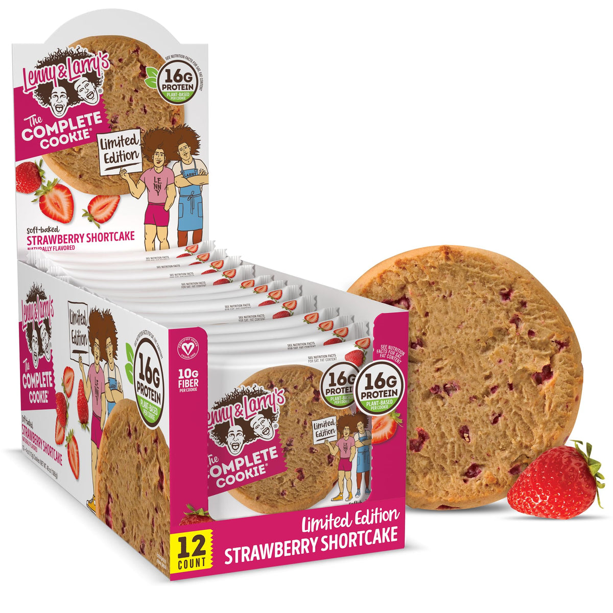 Lenny & Larry's Strawberry Shortcake cookie front view highlighting flavor and protein