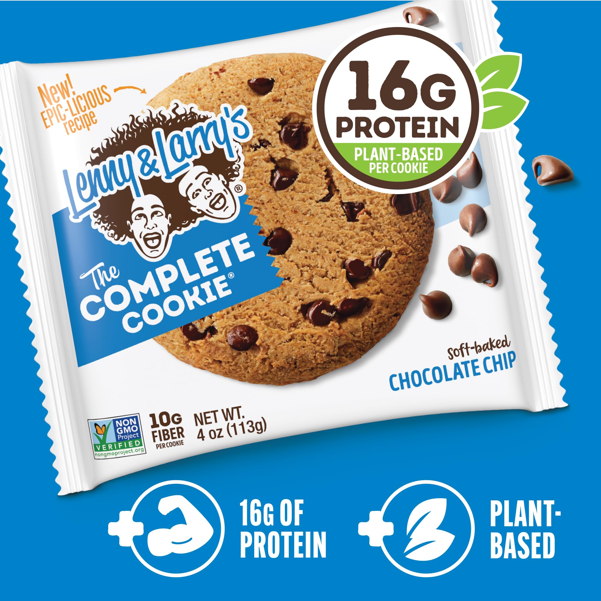 Lenny & Larry's vegan certification badge signals plant-based cookie quality.