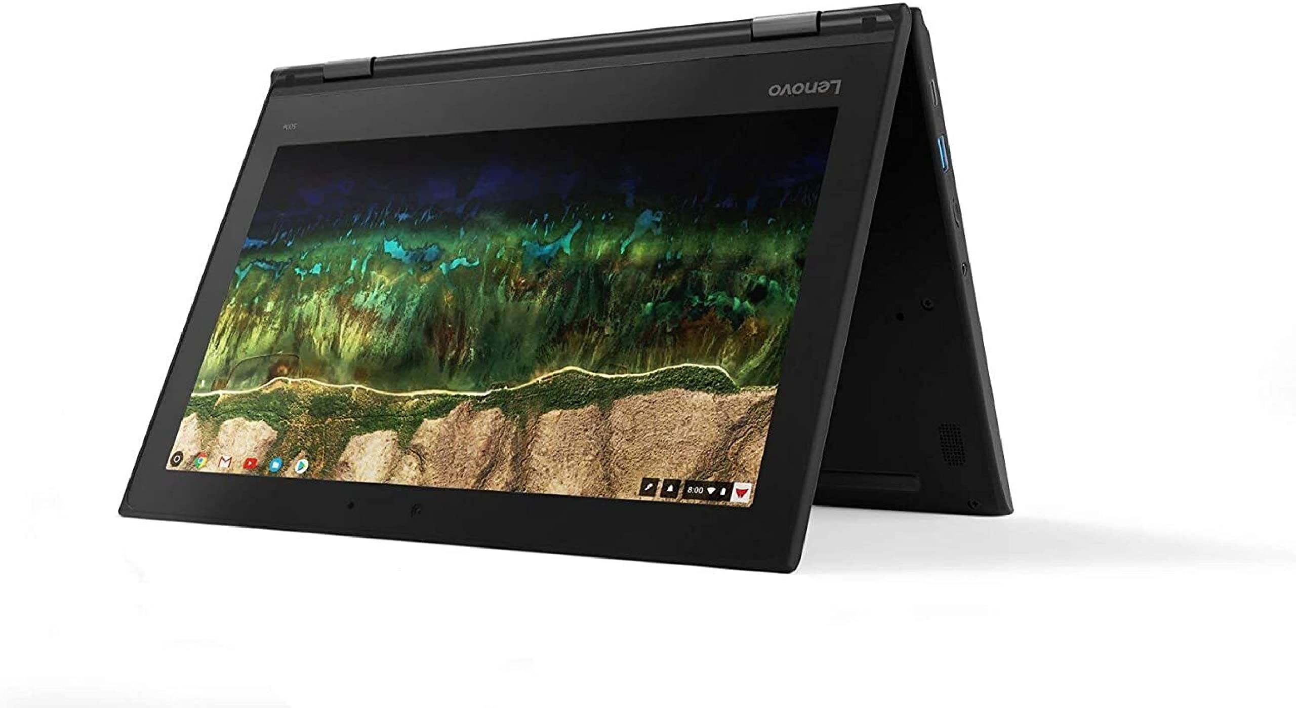 Lenovo 500e Chromebook 2-in-1 showing 360-degree hinge for versatile note-taking and presentations.