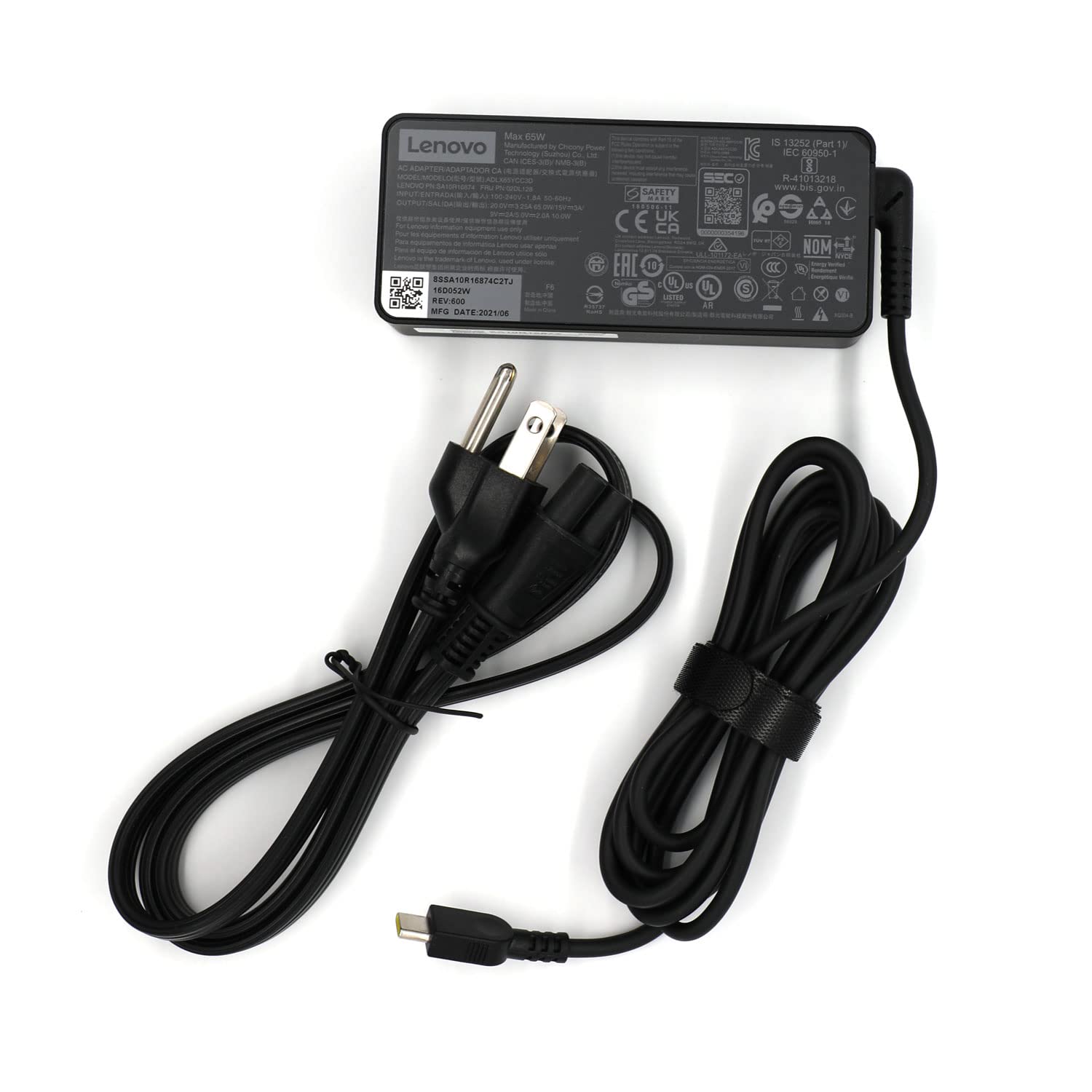 Lenovo compact charger in packaging highlighting portable design.