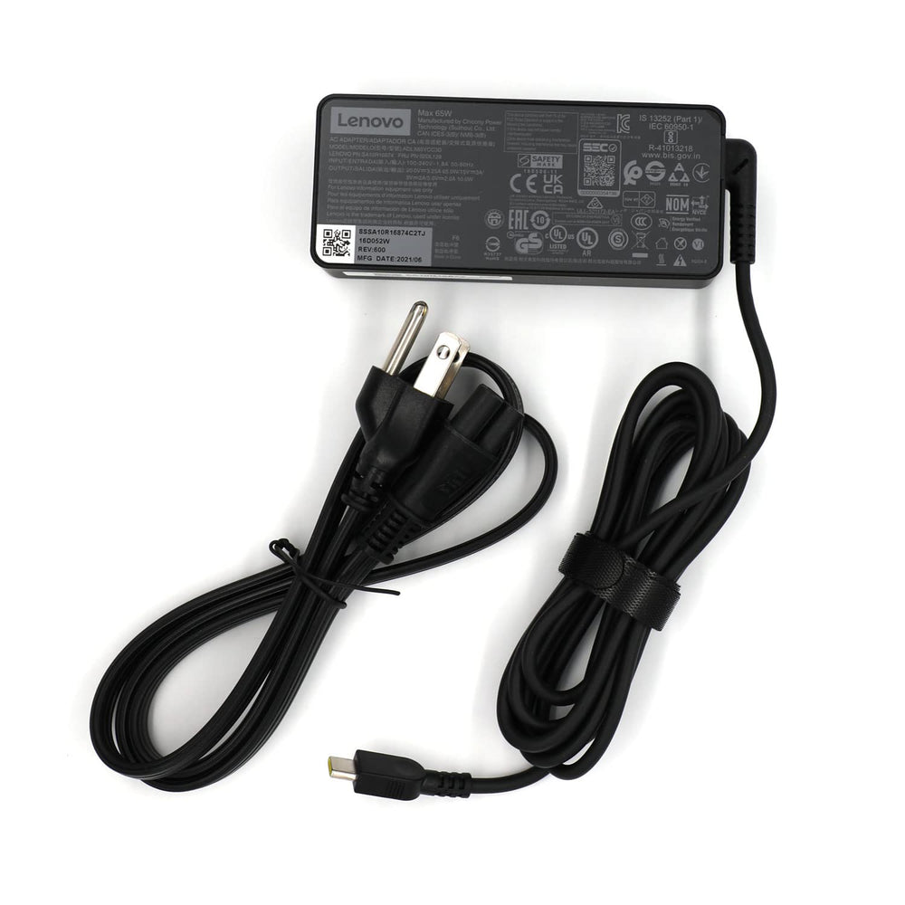 Lenovo compact charger in packaging highlighting portable design.