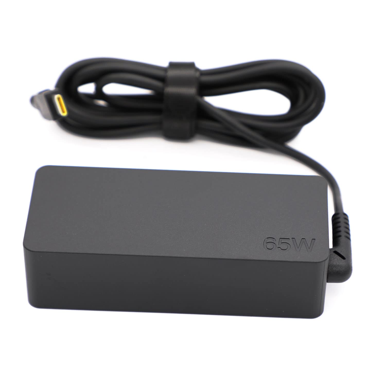 Lenovo 65W USB-C adapter label shows compatible model information.