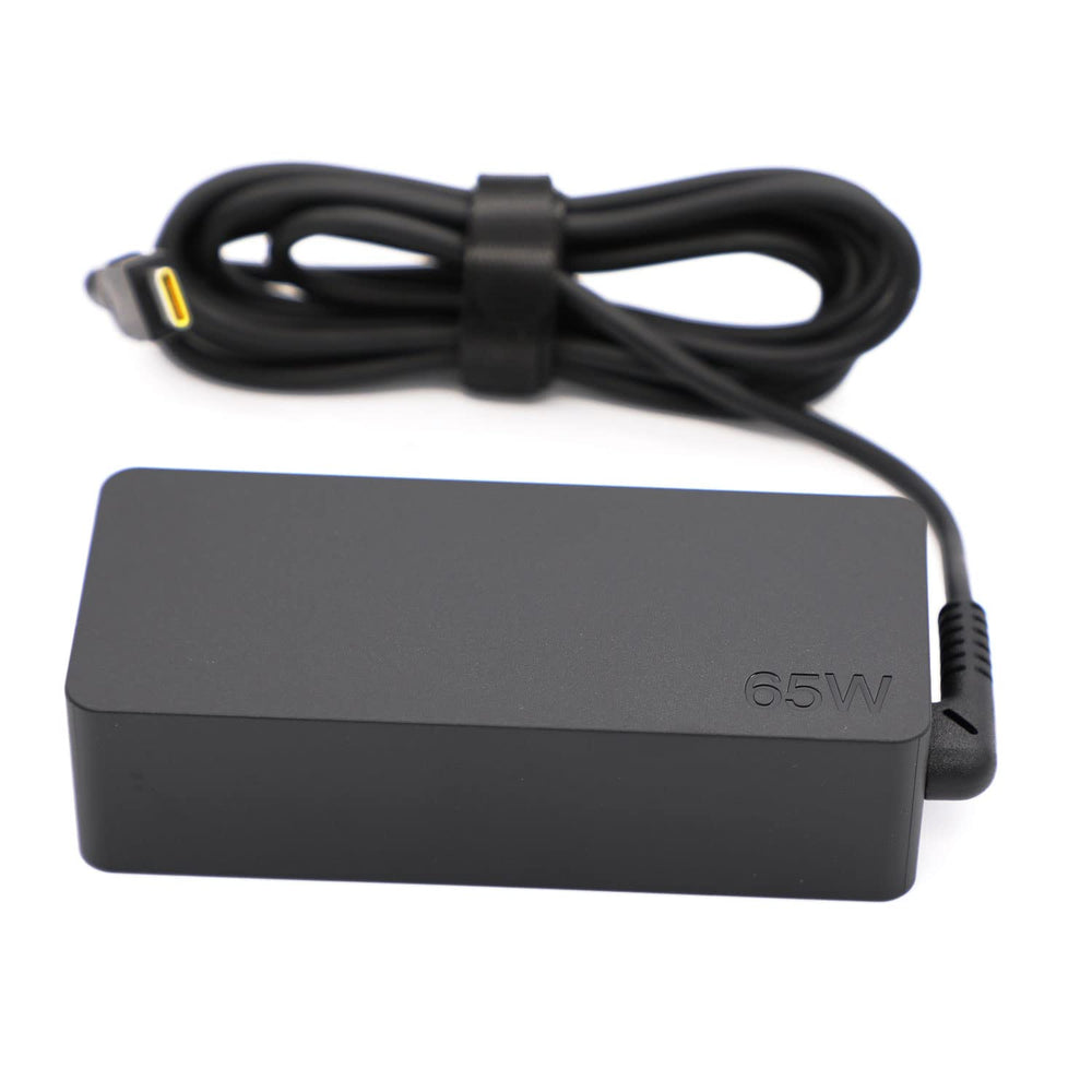 Lenovo 65W USB-C adapter label shows compatible model information.