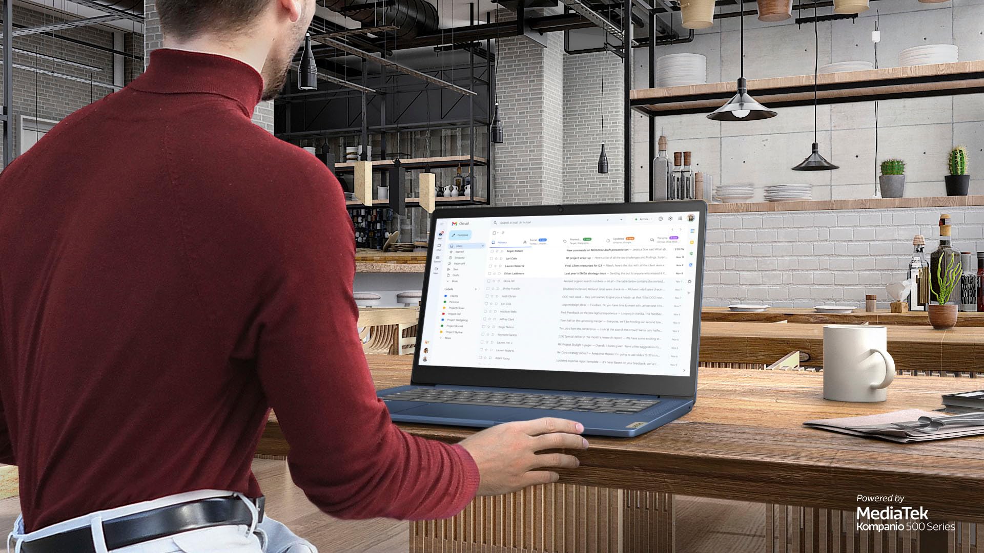 Abyss Blue finish shown under light enhances premium look on Lenovo Chromebook.