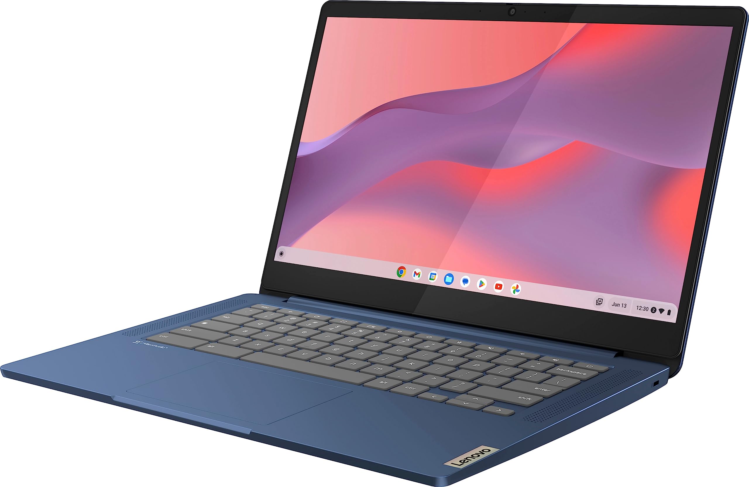 Lenovo Flagship Chromebook 14 keyboard closeup highlighting slim profile for productivity.