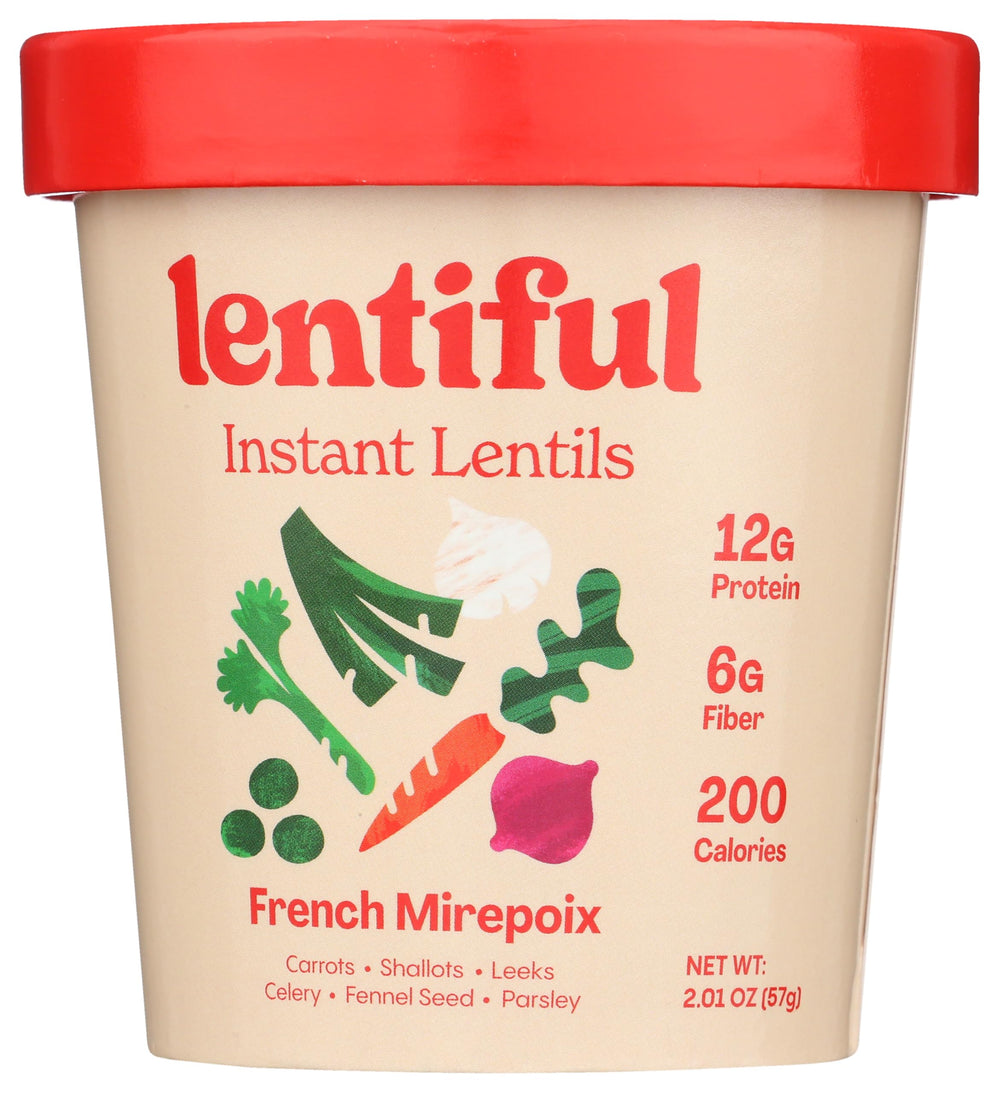 Lentiful Instant Lentils Mirepoix package-front shows ready-to-use base for quick, flavorful meals.