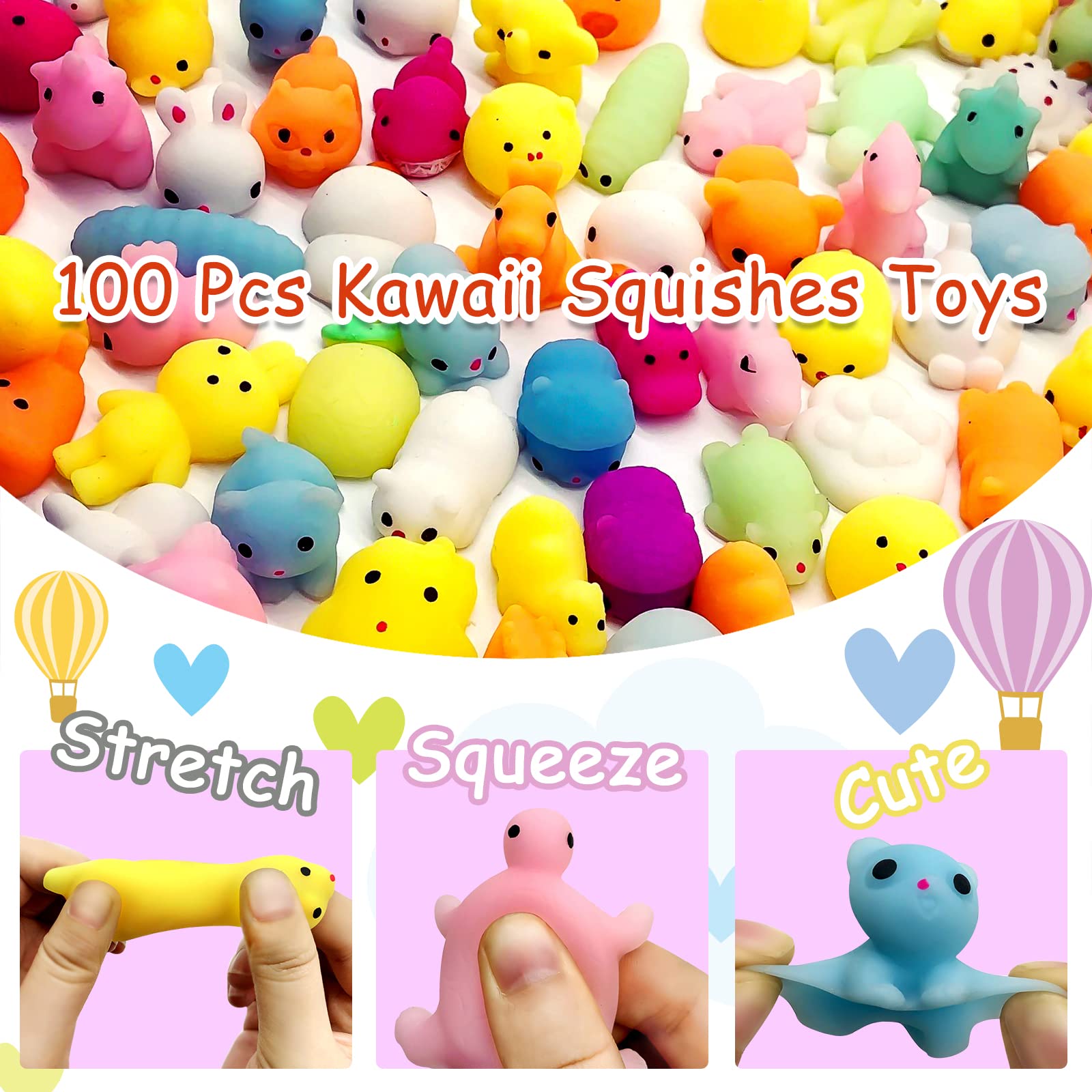 LENYOQIN Mochi squishies fruit vegetable figures, colorful shapes for exploration.