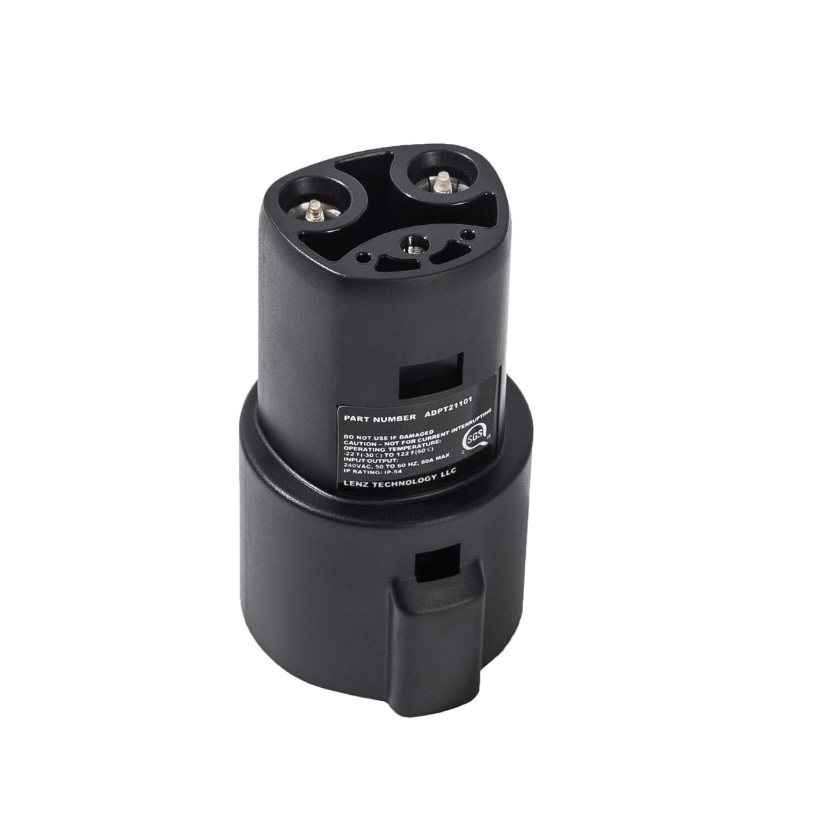 LENZ J1772 to Tesla adapter close-up showing compact travel-friendly design.