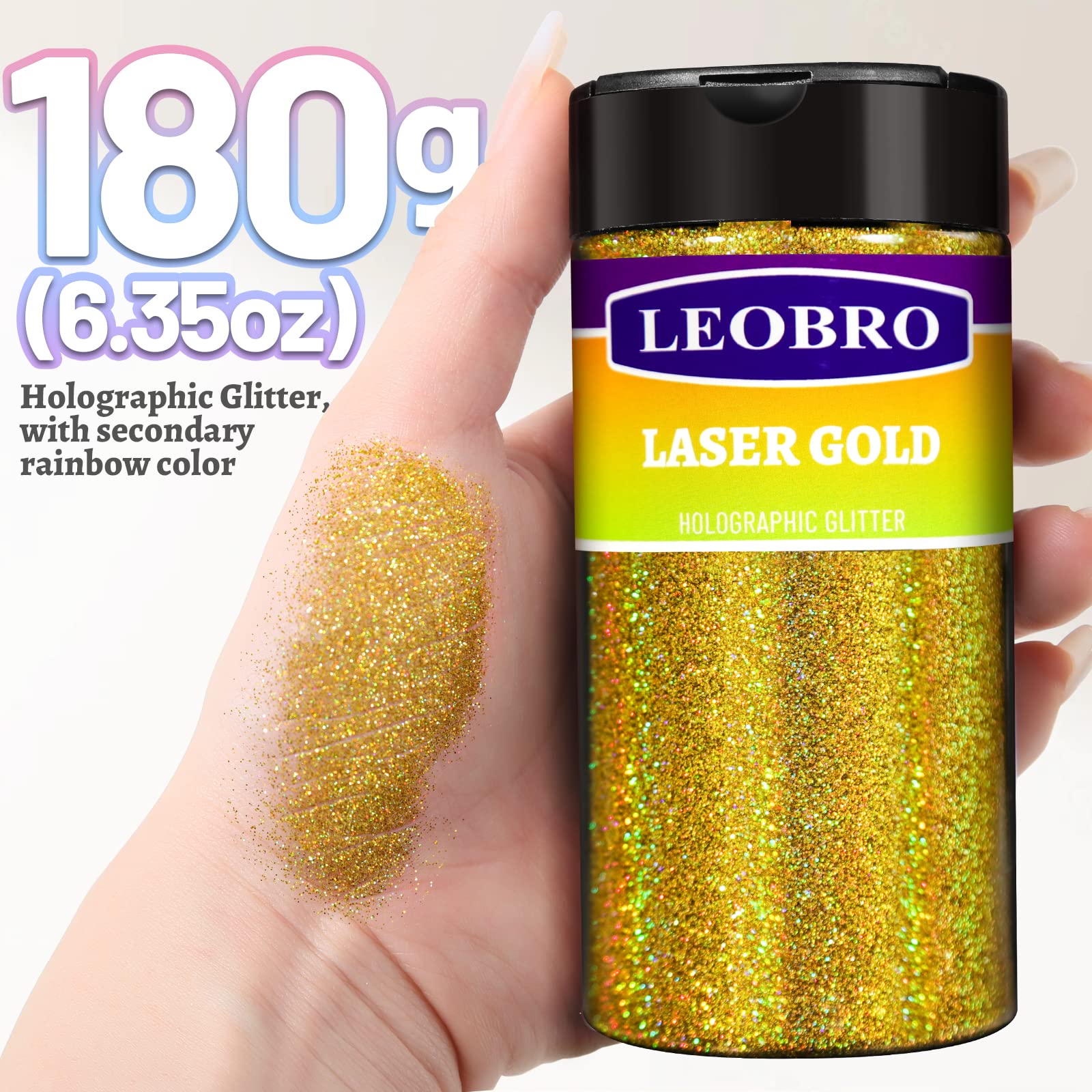 LEOBRO Gold Glitter holographic closeup highlights fine powder and rainbow sheen