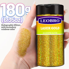 LEOBRO Gold Glitter holographic closeup highlights fine powder and rainbow sheen