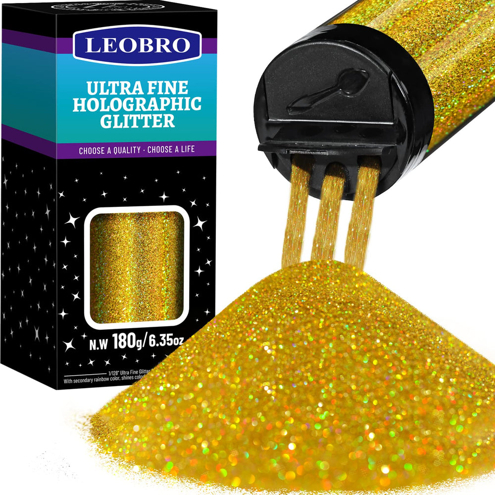 LEOBRO Gold Glitter jar full shows vibrant holographic sparkle for resin art