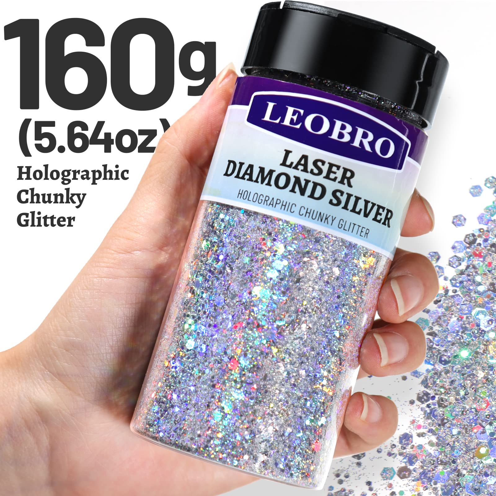 LEOBRO semi-circular shaker lid enables easy large glitter pours.