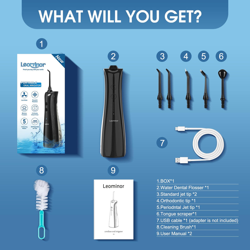 Replacement heads included with Leominor Water Flosser for extended use.