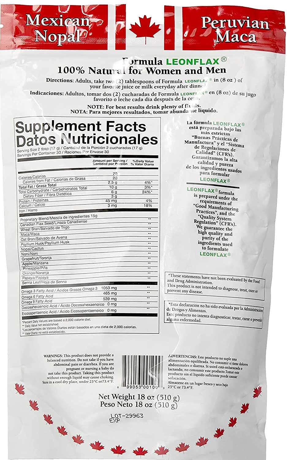 Leonflax Canadian flaxseed bag showing premium seeds for balanced nutrition