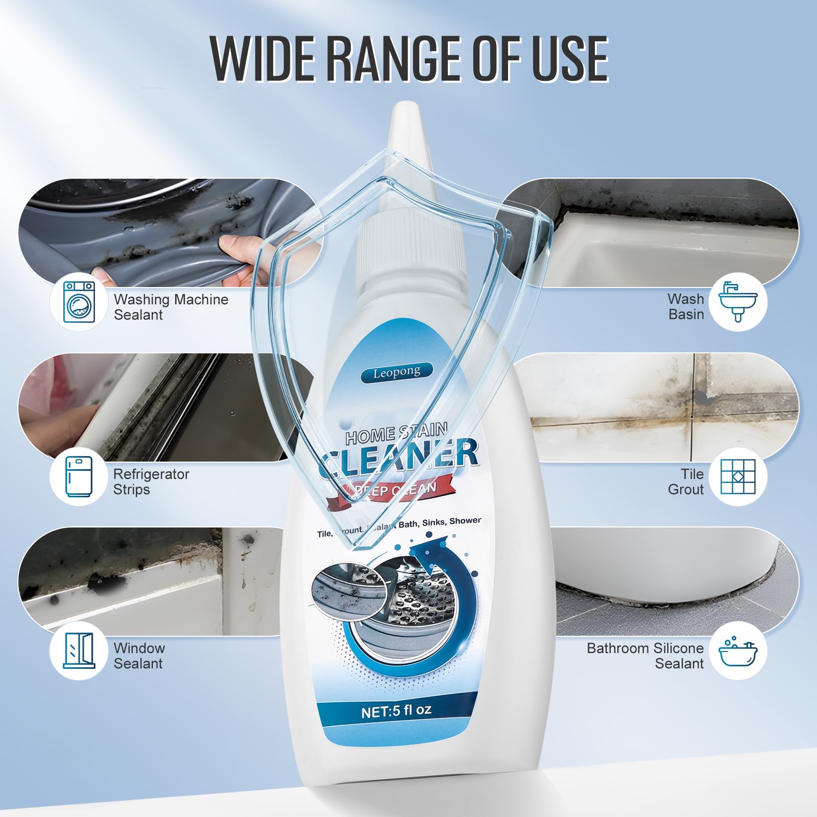 Leopong Home Cleaner Gel on washing machine seal for thorough grime removal.