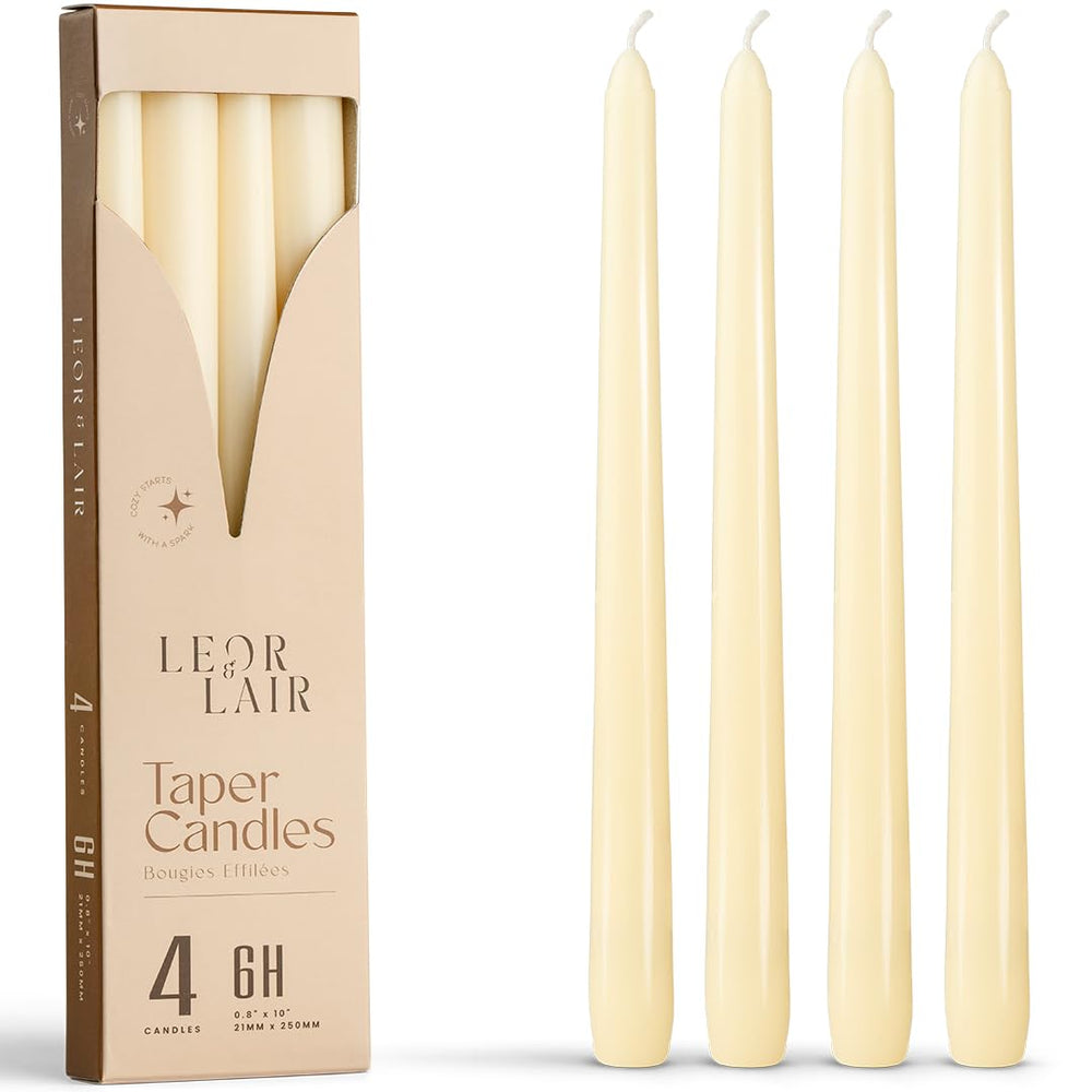 Leor & Lair Ivory Taper Candles gift box, ideal for weddings and gifting.