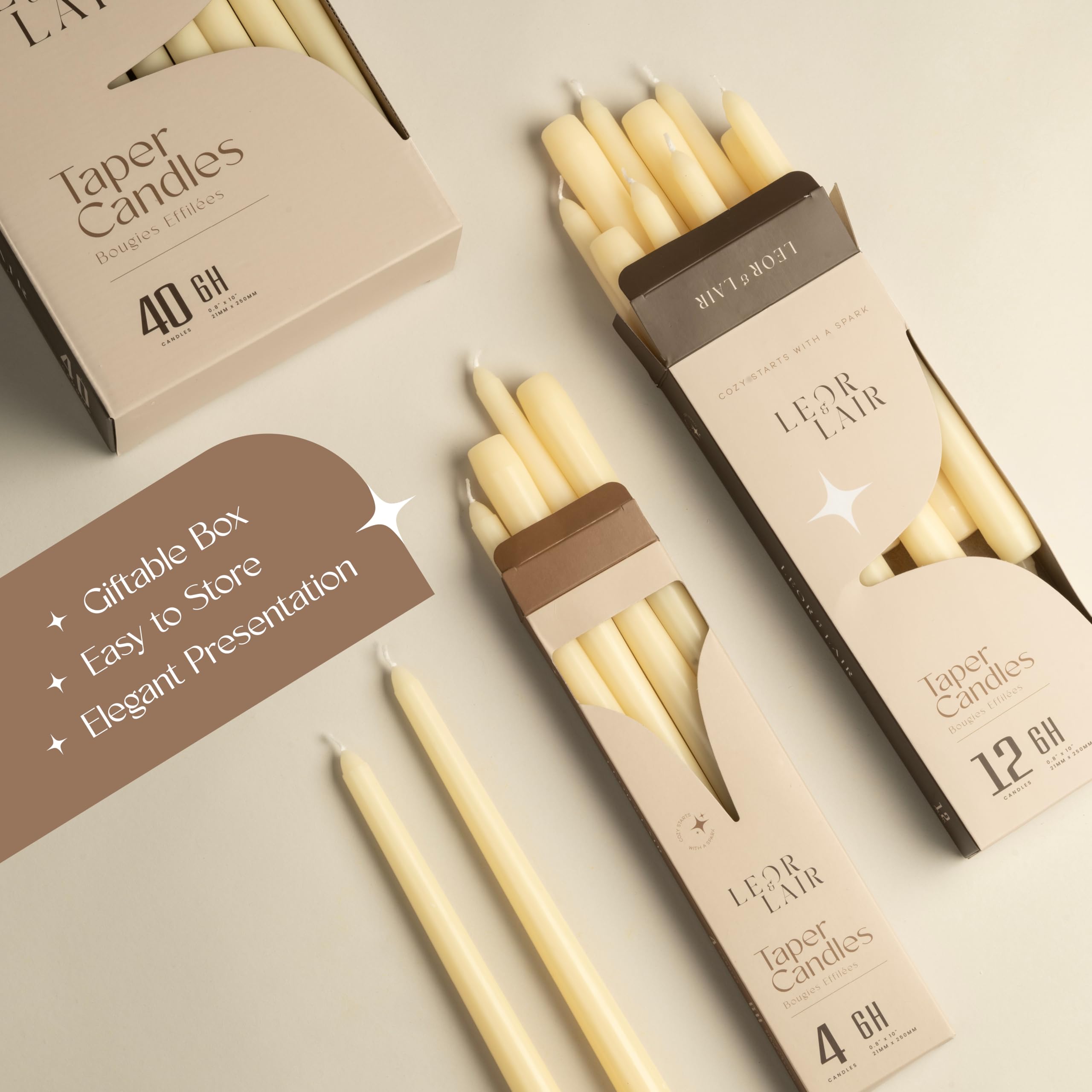 Leor & Lair Ivory Taper Candles color-through wax preserves true ivory shade.