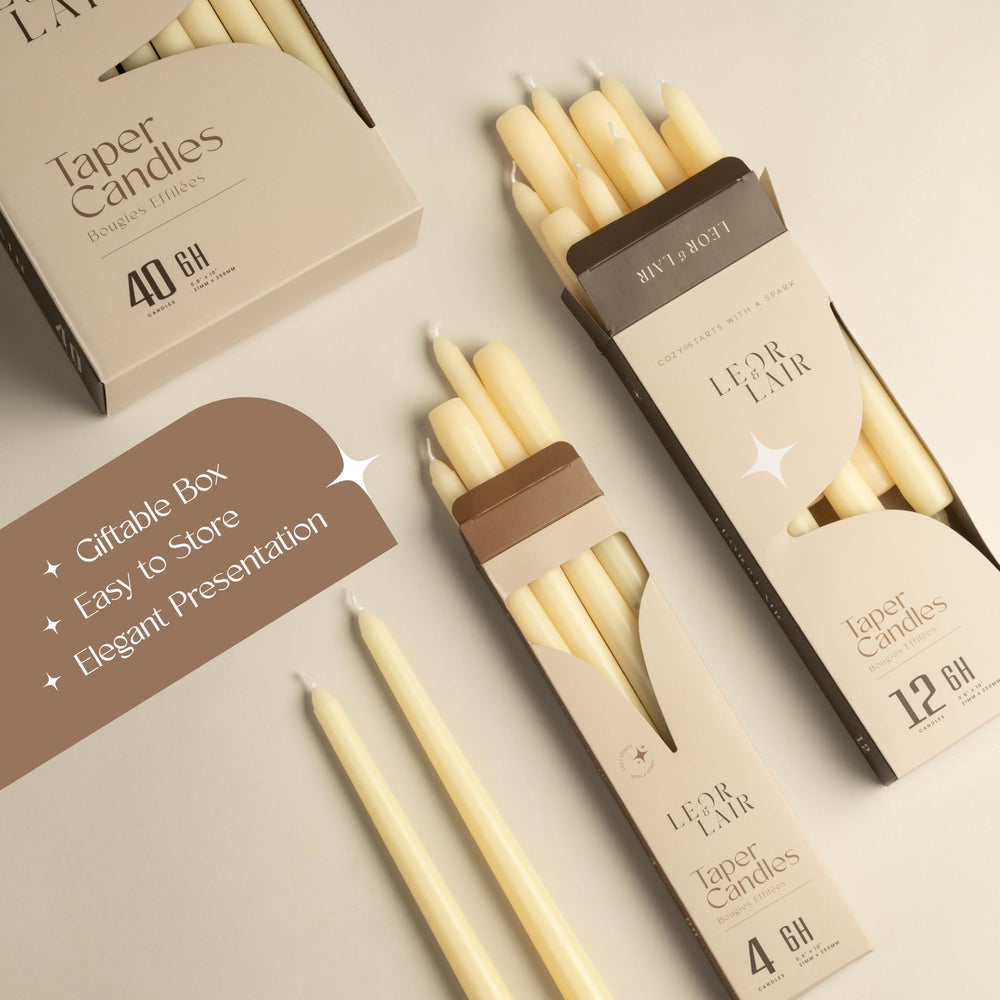 Leor & Lair Ivory Taper Candles color-through wax preserves true ivory shade.
