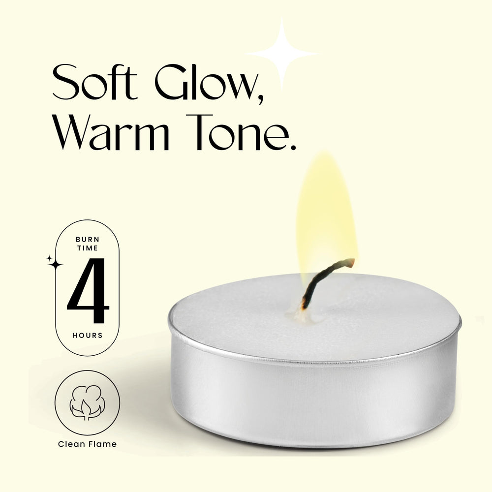 Close-up of Leor & Lair Tealights showing clean-burning wax blend and cotton wick.