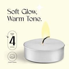 Close-up of Leor & Lair Tealights showing clean-burning wax blend and cotton wick.