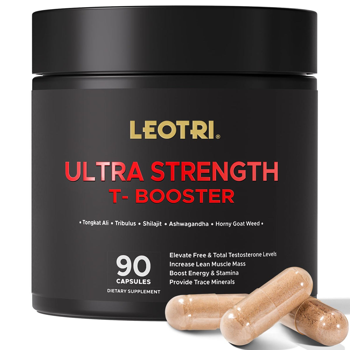 Leotri Ultra Strength T-Booster bottle front highlighting herbal vitality blend