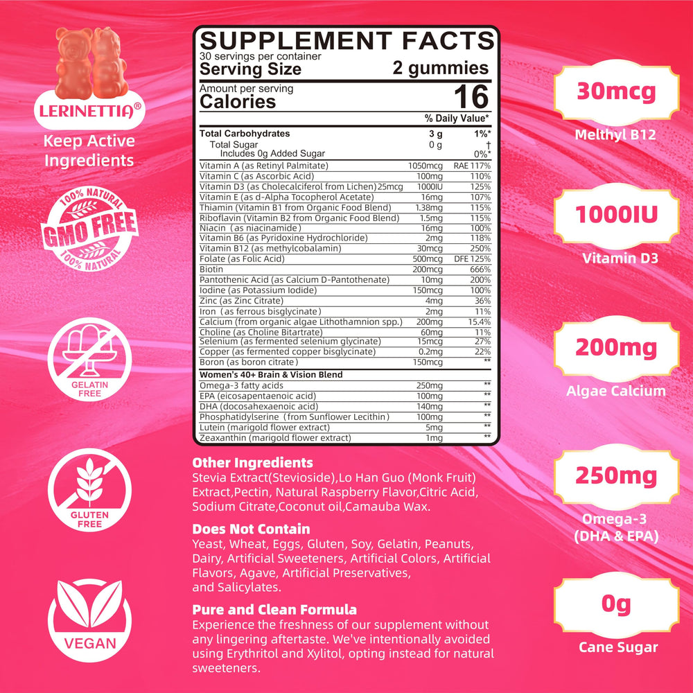 Lerinettia Women’s 40+ brain blend gummies bottle pour supports daily mental clarity and focus.