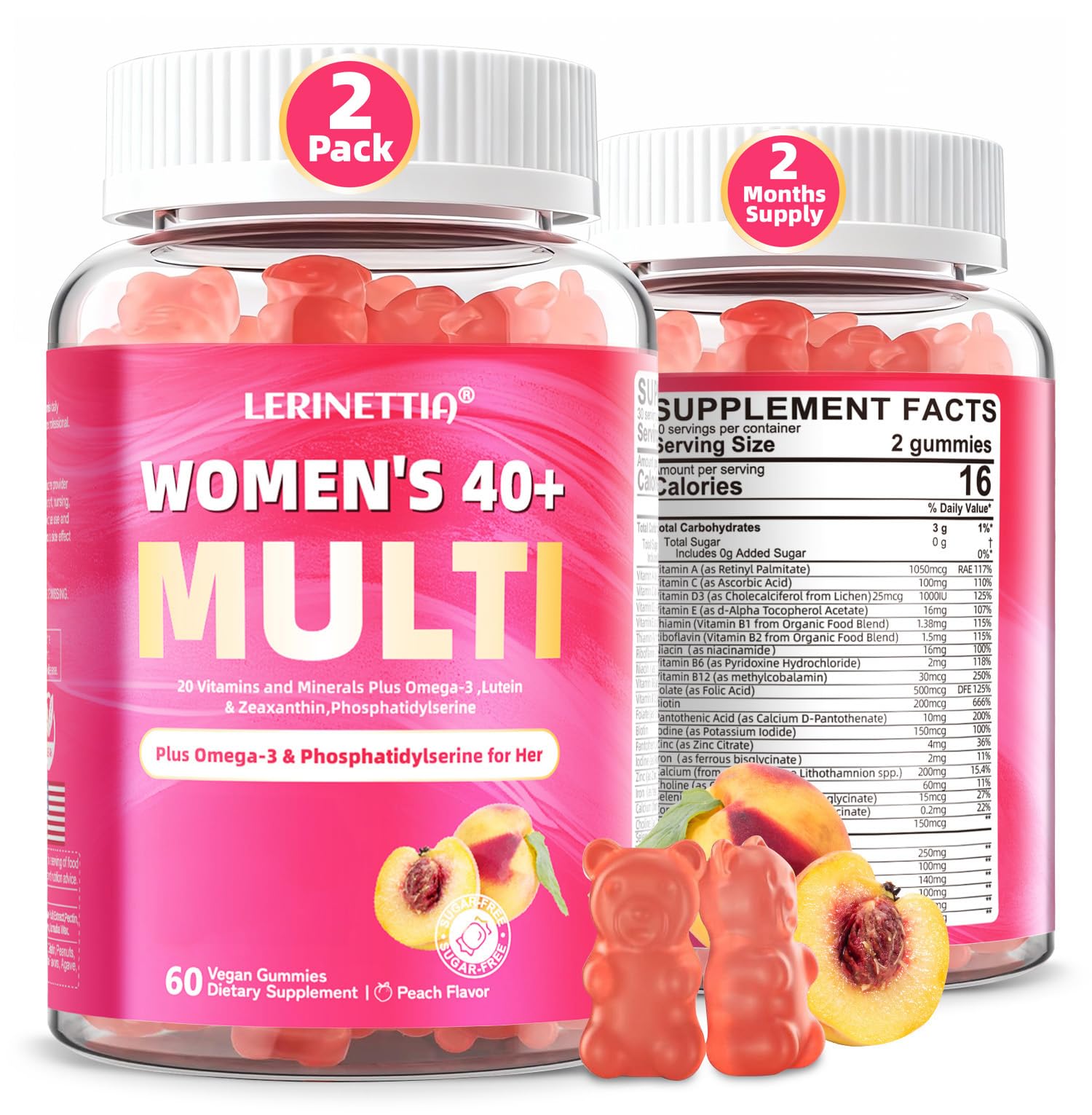 Lerinettia Women’s 40+ gummies bottle for convenient daily energy and nutrition.
