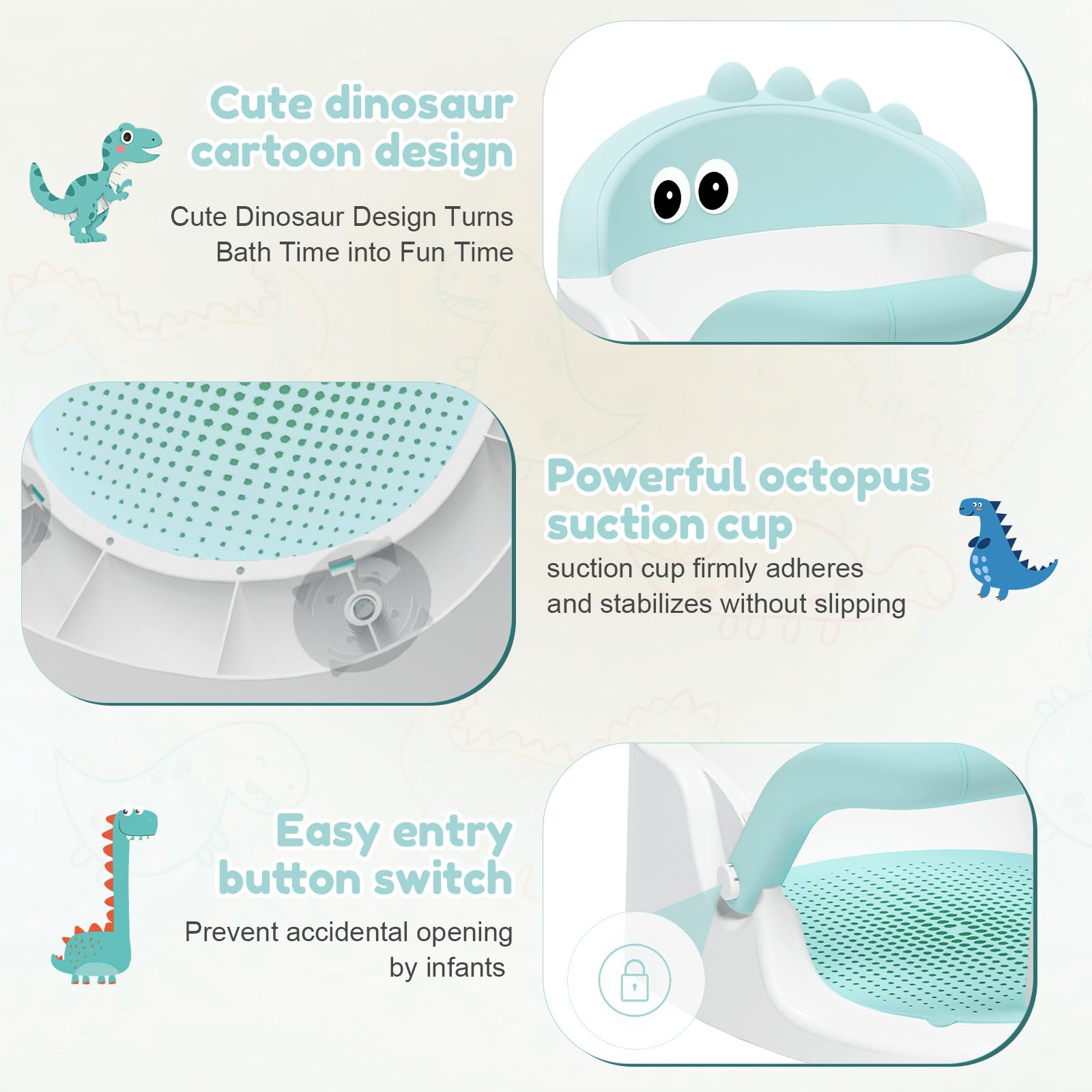 Lerrutue bath seat demonstrates easy setup and 4 XL suction cups for safety.