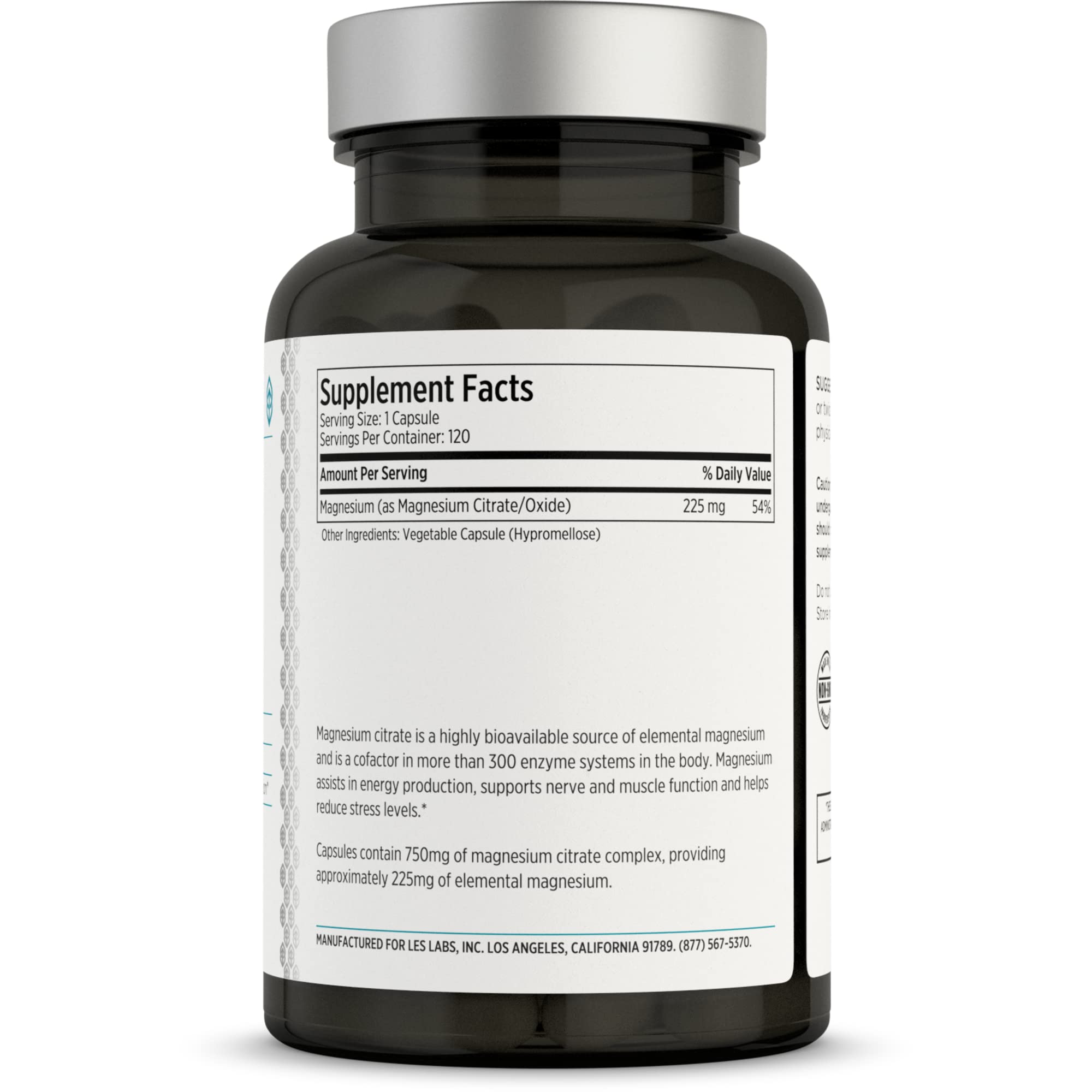 LES Labs Magnesium Citrate label shows non-GMO formula and high magnesium.