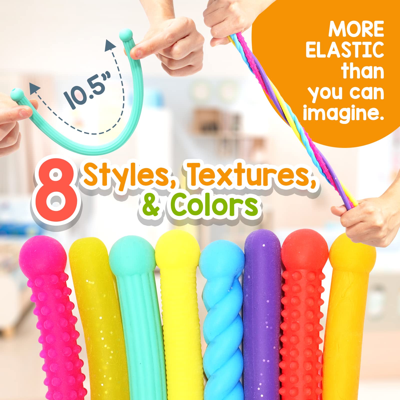 Lesong textured fidget strings close-up show eight colors for varied tactile stimulation