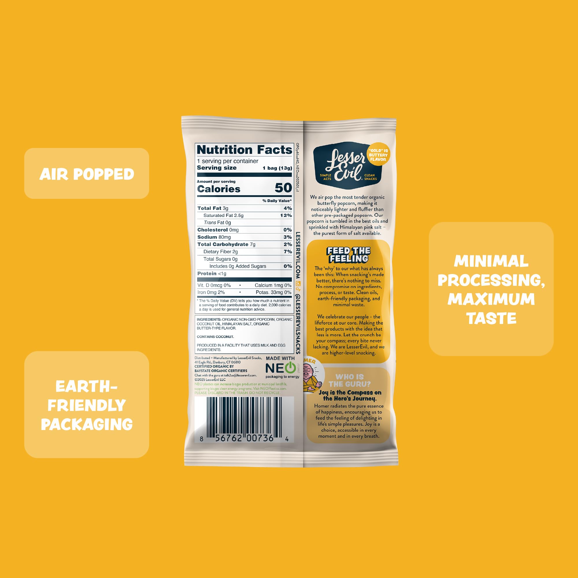 Lesserevil Himalayan Gold Salt Organic Popcorn air-popped kernels invite a crunchy, airy snack.