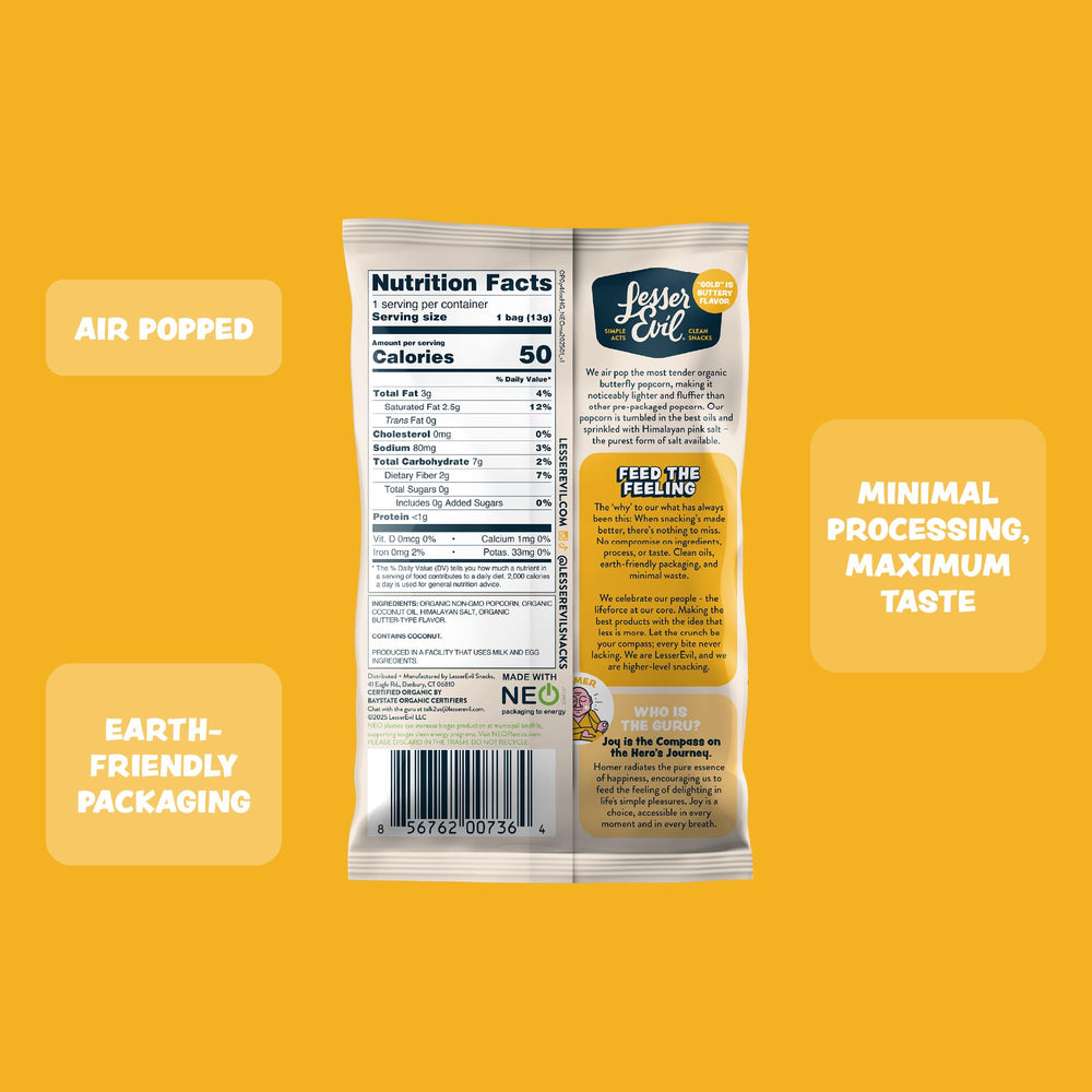 Lesserevil Himalayan Gold Salt Organic Popcorn air-popped kernels invite a crunchy, airy snack.