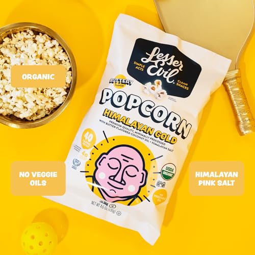 Lesserevil Himalayan Gold Salt Organic Popcorn ingredients list highlights organic, clean snack options.