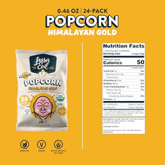Lesserevil Himalayan Gold Salt Organic Popcorn bag closeup highlights light, fluffy texture and clean ingredients.