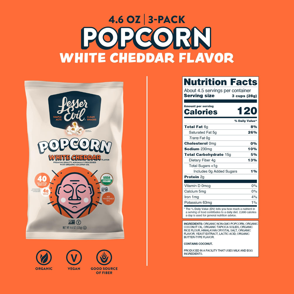 Lesserevil No Cheese Popcorn bag closeup highlights airy butterfly kernels and light texture.