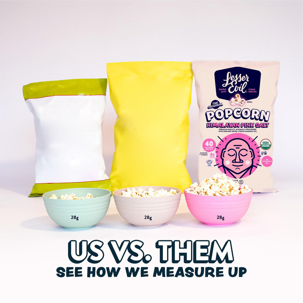 Lesserevil No Cheese Popcorn butterfly kernels ready to snack in a bowl.
