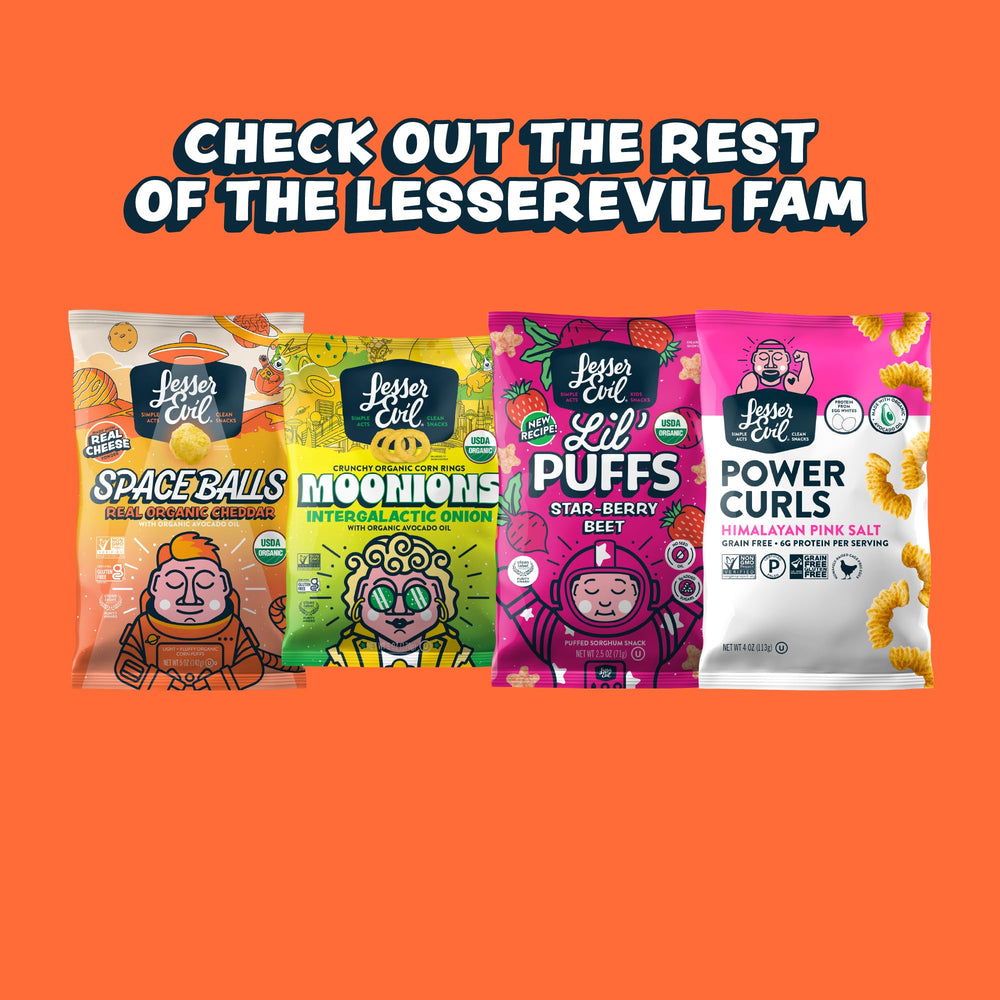 Lesserevil No Cheese Popcorn eco packaging reflects sustainable snacking.