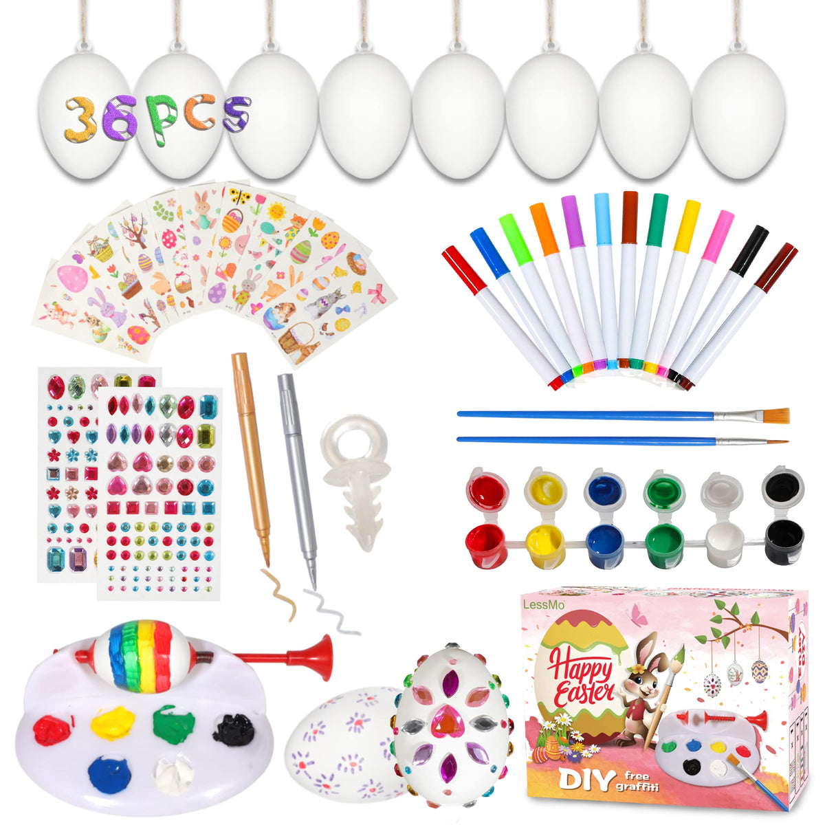 LessMo Easter egg decorating kit contents for creative kids adventures.