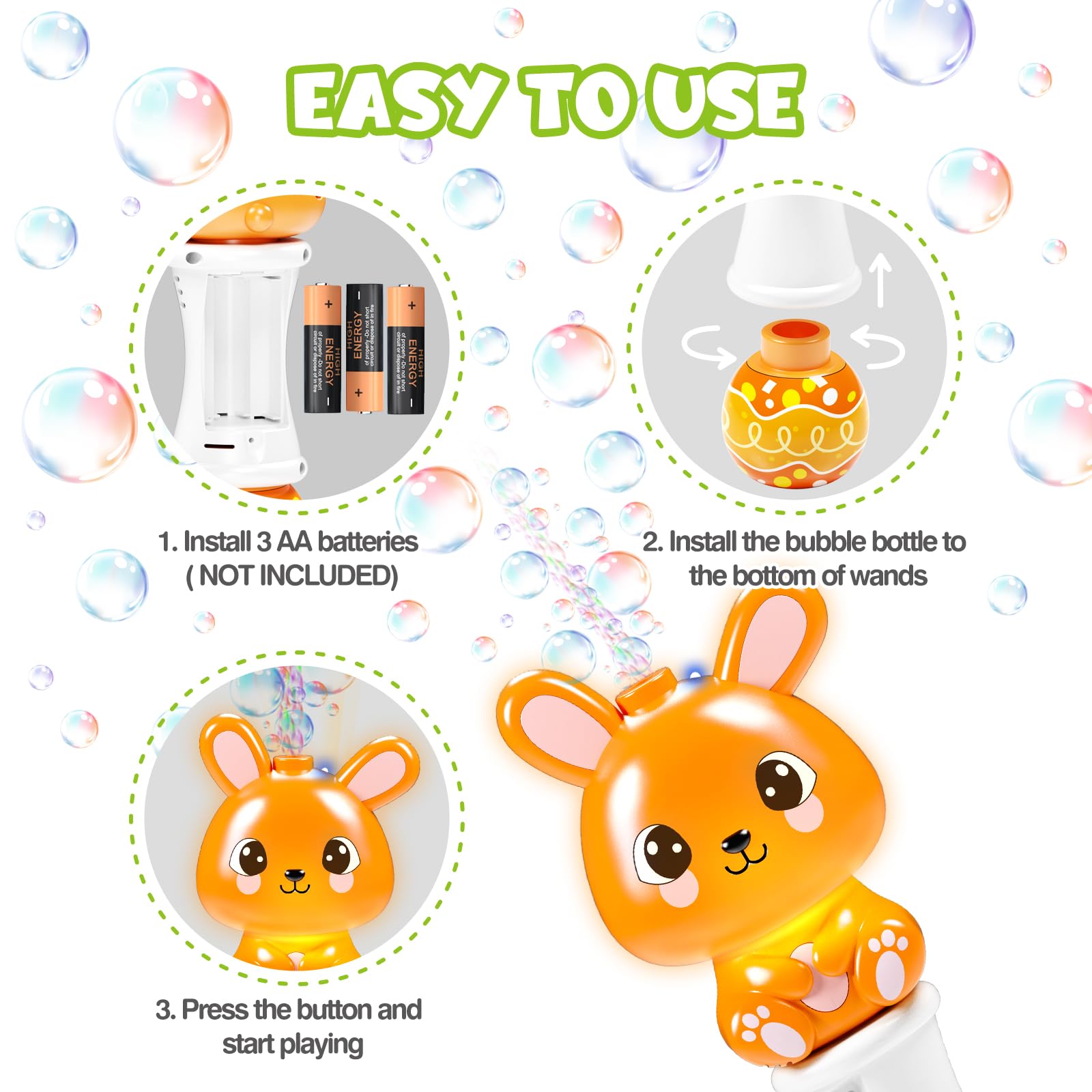 Bubble solution packs included for extended play and easy refills.