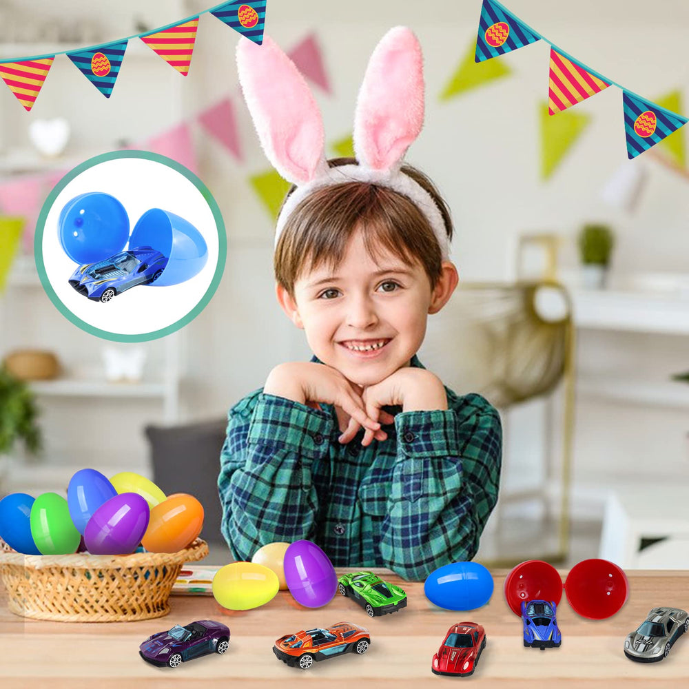 Kids open eggs to discover tiny cars and practice coordination.