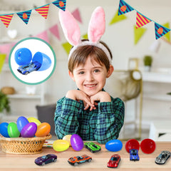 Kids open eggs to discover tiny cars and practice coordination.