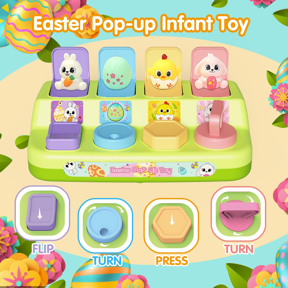Letapapa pop-up toy buttons show colors and shapes to boost recognition and motor skills.