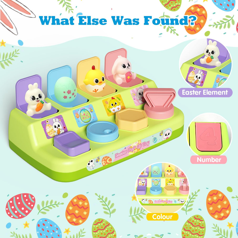 Letapapa pop-up toy demonstrates open-close action for cause-and-effect play.