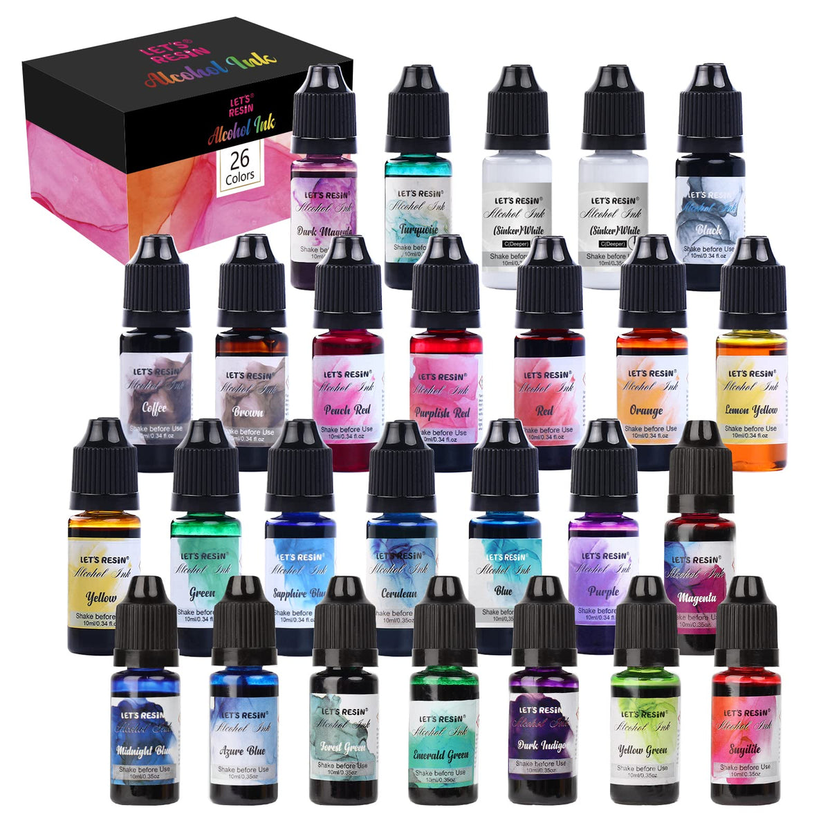 LET'S RESIN 26-color alcohol ink bottle set for vivid resin art projects.